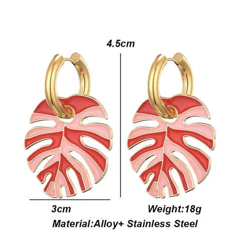 Colorful Enamel Leaf Earrings for Women Fashion Exquisite Stainless Steel Round Hoop Earrings Female Party Wedding Jewelry