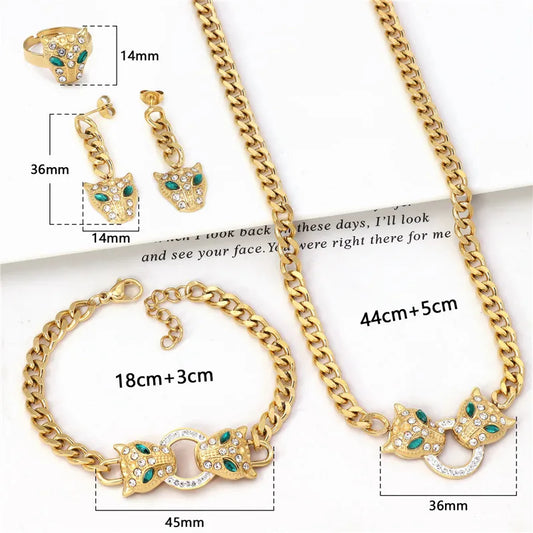 316L Stainless Steel Micro Inlaid Zircon Leopard Head Bracelet Necklace Earring Ring Women's Jewelry Set