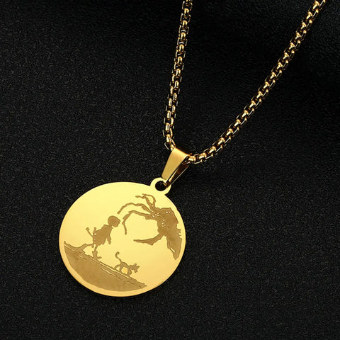 Stainless Steel Coraline Inspired Silhouette Necklace Women Men Engraved Circle Disc Pendant Necklace Geomertic Jewelry Gift