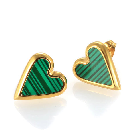 Trend Natural Malachite Love Heart Stud Earrings For Woman Girls Stainless Steel Black/White/Green Shell Birthday Jewelry Gifts