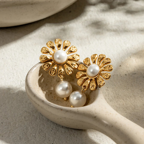 Stainless Steel 18K Gold Plated Sunflower White Imitation Pearl Pendant Earrings Statement Stylish Waterproof Jewelry Women