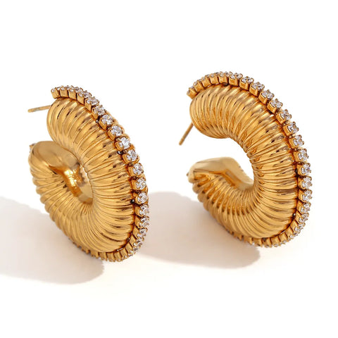 Waterproof Stainless Steel Exaggerated Zircon Trim Thread Hollow Earrings for Women Statement Gold Color Women Jewelry