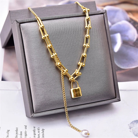 316L Stainless Steel New Fashion Fine Jewelry Lovers Lock U-Shaped Pearl Tassels Charms Chain Choker Necklaces Pendant For Women