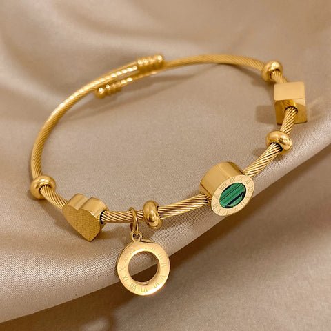 DODOHAO Stainless Steel Luxury Famous Brand Roman Numeral Bangle Bracelet Charm Golden Green Stone Cable Wire Cuff  Bracelets