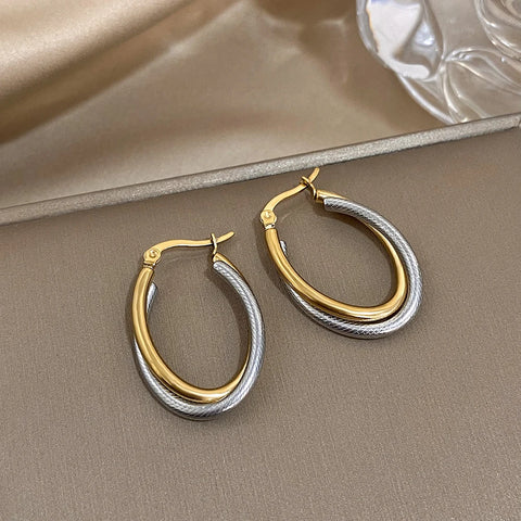 Greatera Trendy Two Tone Stainless Steel Double Twist Hoop Earrings for Women Gold Plated U-Shaped Earrings Waterproof Jewelry