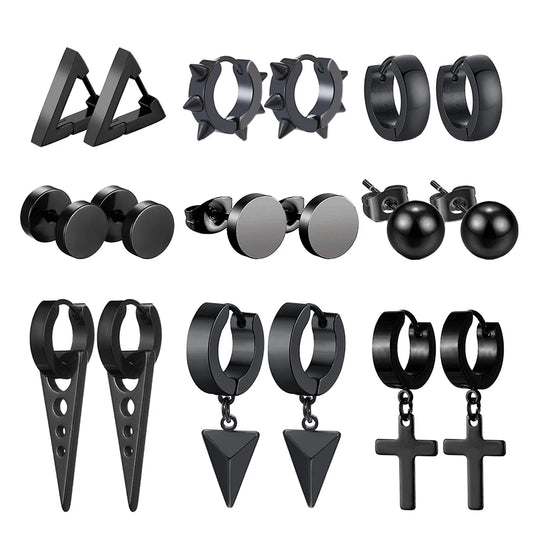 1 Pair Punk Black Multiple Styles Stainless Steel Stud Earrings For Men and Women Street Pop Hip Hop Gothic Ear Jewelry