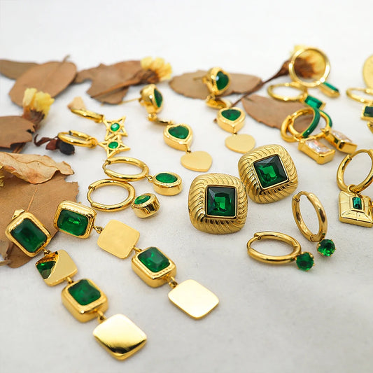 WILD & FREE Trendy Green Zircon Stainless Steel Drop Earrings for Women Luxury Charm Dangle Earring Waterproof Jewelry