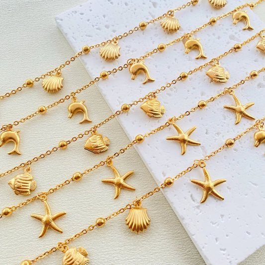 304 Stainless Steel Link Cable Chain Anklet Animal Dolphin Starfish Anklet Gold Color Marine For Women Beach 21cmLong, 1 Piece