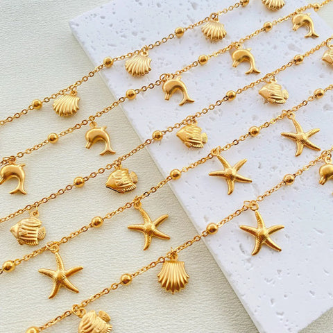 1pc 304 Stainless Steel Link Cable Chain Anklet Animal Dolphin Starfish Anklet Gold Color Marine For Women Beach 21cm Long