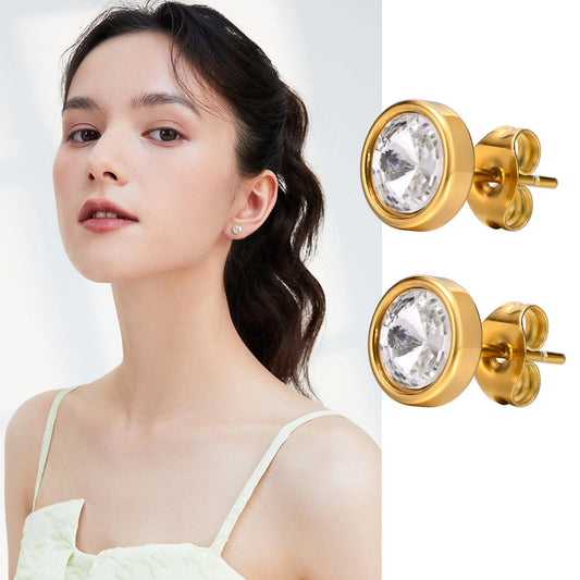 Sparking Round Cubic Zirconia Earring, Danity Women Stud Earrings Gold Plated Stainless Steel Jewelry