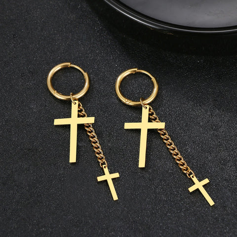 Stainless Steel Earrings Fashion Punk Hip Hop Gothic Unisex Two Cross Chain Pendants Gold Color Earrings For Women Jewelry Gifts