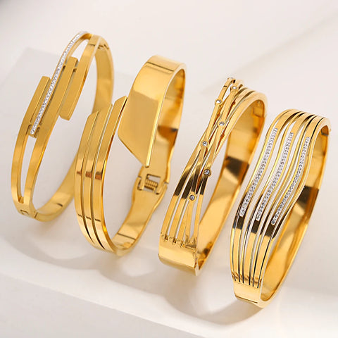 AENSOA 316L Stainless Steel Charm Geometric Multilple Simple Fashion Bangle Bracelets 18K Gold Plate Eyes Intersect Jewelry Gift