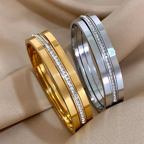 3pcs Simple Gold Plated Texture Inlaid Crystal Cuff Bracelets for Women Unique Stainless Steel Chic Stackable Jewelry Bracelets