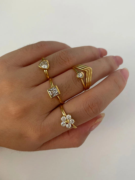 Peri'sbox Anti-Tarnish White Rhinestone Square Heart Flower Open Rings Women Trendy Multi-layer V-Shaped Ring Wedding Party Gift