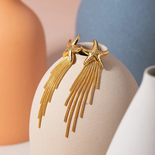Uworld Stainless Steel Starfish Long Chain Tassel Drop Dangle Earrings Women 18K PVD Plated Waterproof Temperament Jewelry