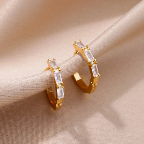 Rectangle Zircon Earrings for Women Gold Color Stainless Steel Hoop Earrings 2024 Trending Luxury Modern Wedding Couple Jewelry