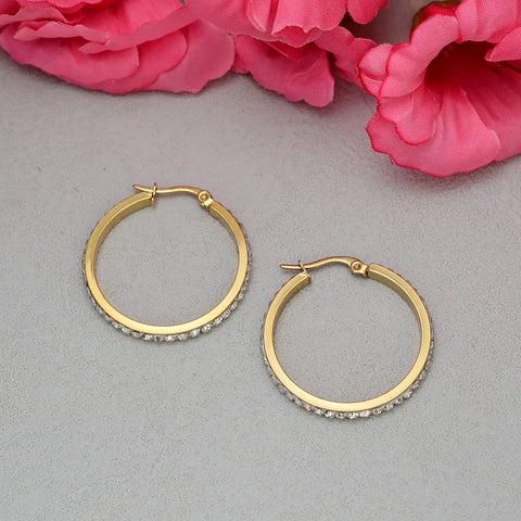 2PC Minimalist Stainless Steel Hoop Earrings Crystal CZ Round Huggies Piercing Earrings for Women Girls Wedding Party Jewelry