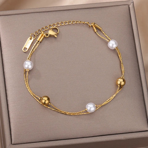 Stainless Steel Gold Color Pearl Bracelets For Women Fashion Geometric Double Chain Bracelet Party Jewelry Gift Bijoux Femme