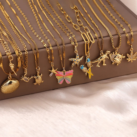 Cute Butterfly Bird Necklace for Women Sea Turtle Shell Choker Long Stainless Steel Chains Gold Color Y2K Collars Office Lady