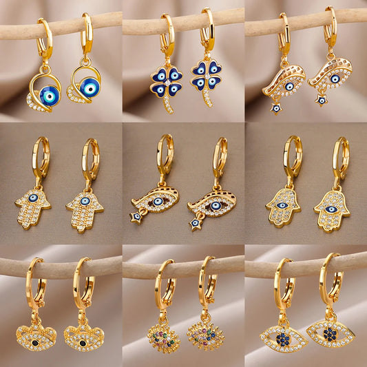 Fashion Punk Evil Eye Hoop Earrings for Women Gold Color Stainelss Steel Zircon Turkish Eye Fatima Hand Drop Earring Jewelry