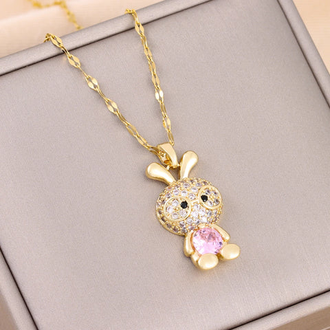 Trendy 18K Gold Plated Zircon Crystal Pendant Stainless Steel Necklace For Women Female Clavicle Chain Jewelry Lady Accessories