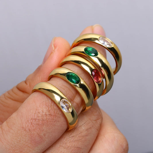 AENSOA New Trendy Chic White Green Colorful Rhinestone Crystal Stainless Steel Rings for Women Charm Unique Ring Finger Jewelry