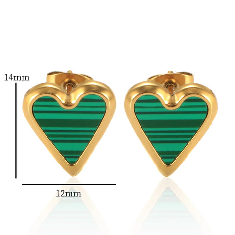 Trend Natural Malachite Love Heart Stud Earrings For Woman Girls Stainless Steel Black/White/Green Shell Birthday Jewelry Gifts