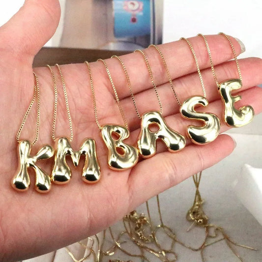 Stainless Steel Gold Plated Bubble Initial Necklace for Women Girls Chunky Letter Alphabet Balloon Neckalces Dainty Gift for Her