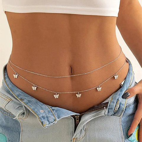 Sexy Double Thin Chain Women's Waist Chain Charming Butterfly Stainless Steel Belly Chain Summer Beach Bikini Body Jewelry