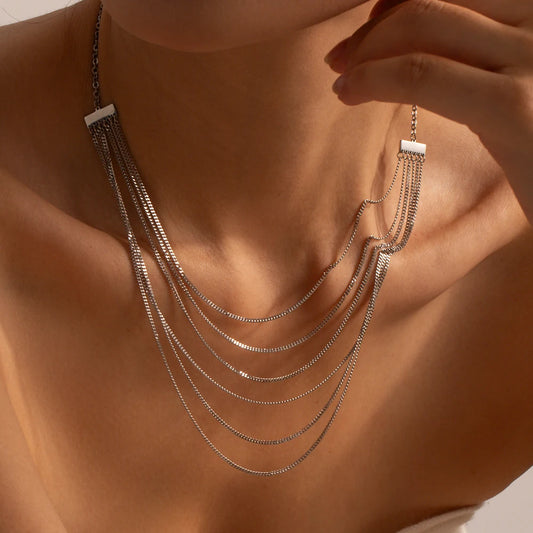 Youthway 2023 Waterproof Stainless Steel Six Layer Tassel Necklace for Women Exquisite Trend Jewelry Party Gift