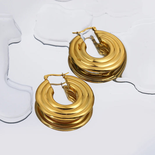 Golden Round Statement  Earrings For Women Elegant Stainless Steel Hoop Earrings Waterproof Jewelry Teen Gifts