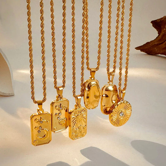 Vintage Moon Star Sun Geometric Pendant Necklaces Gold Plated Stainless Steel Twist Rope Chain Necklace Jewelry for Women Gift