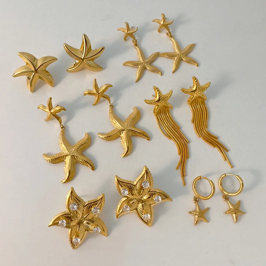 18K Gold Plated Summer Sea Ocean Series Vintage Starfish Pendant Earrings Stainless Steel Statement Waterproof Jewelry Women