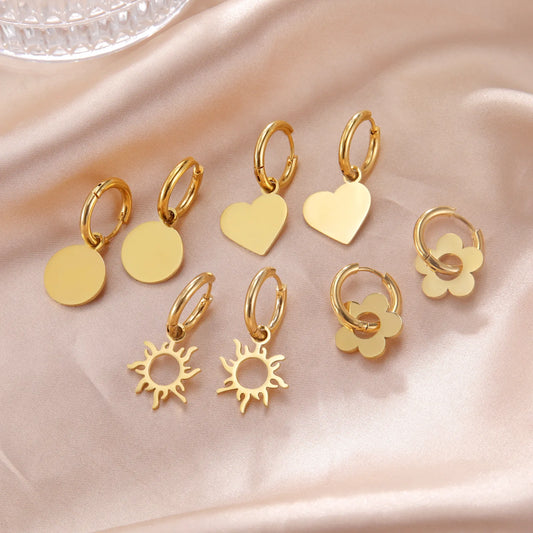 Skyrim Stainless Steel Gold Color Drop Earrings Women Round Heart Flower Sun Totem Pendant Hoop Earrings Fashion Jewelry Gift