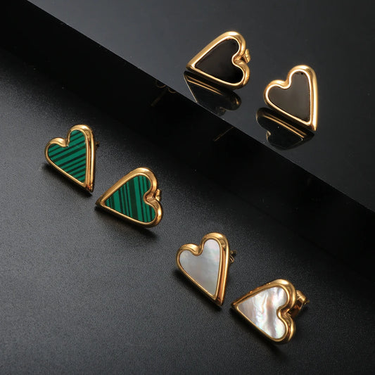 Trend Natural Malachite Love Heart Stud Earrings For Woman Girls Stainless Steel Black/White/Green Shell Birthday Jewelry Gifts