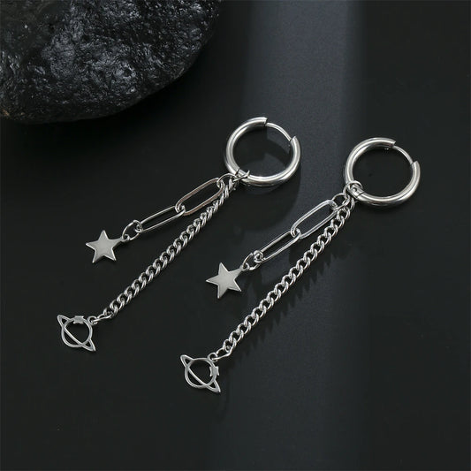 Amaxer Planet and Star Pendant Earrings Stainless Steel Double Tassel Drop Earrings For Women Girl Birthday Jewelry Party Gift