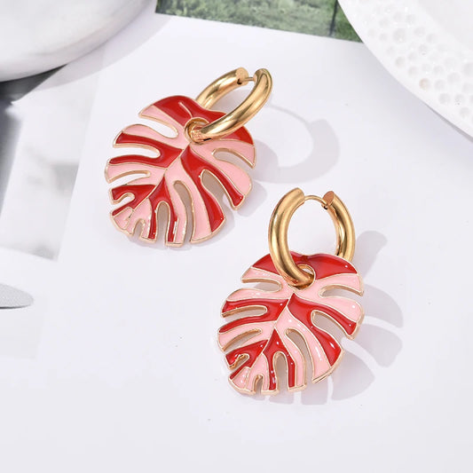 Colorful Enamel Leaf Earrings for Women Fashion Exquisite Stainless Steel Round Hoop Earrings Female Party Wedding Jewelry