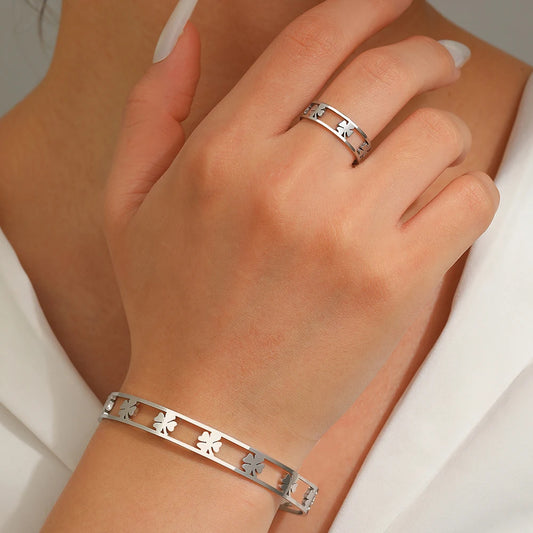 Stainless Steel Jewelry Set Clover Simple Skeleton Design Bracelet Ring Combo Set  For Women Jewelry Party Gift Recommendation