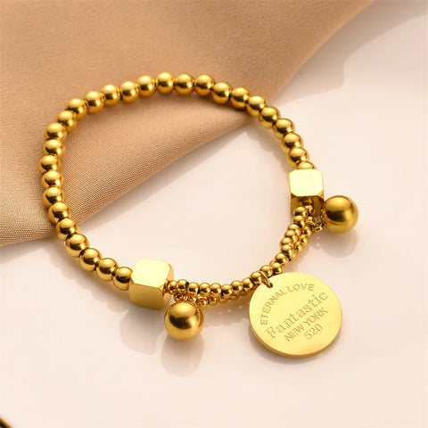 OIMG 316L Stainless Steel Gold Plated Gorgeous Simple Punk Geometric  Beads Pendant Bracelet For Women Girls Party Jewelry Gift