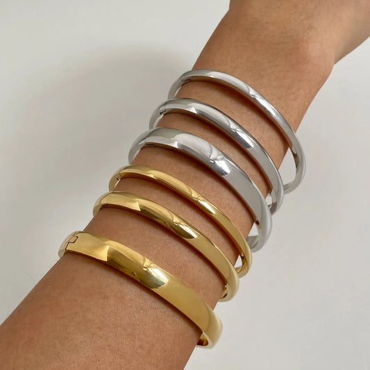 Peri'sbox Stainless Steel Pure Gold Pvd Plated Plain Pattern Bracelet for Women's Simple 3 Piece Stackable Bracelet Jewelry