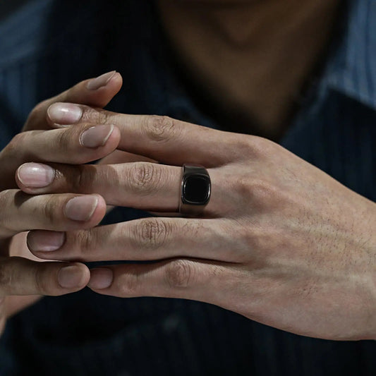 Stylish Black Stone Rings for Men, Waterproof Stainless Steel Metal Signet Ring, Gifts for Him, anel masculino