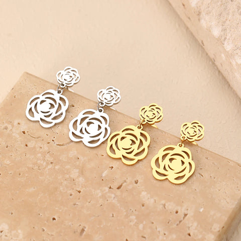 Stainless Steel Earrings Vintage Elegant Hollow Flower Pendant Fashion Exquisite Dangle Earrings For Women Jewelry Party Gifts