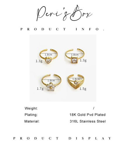 Peri'sbox Anti-Tarnish White Rhinestone Square Heart Flower Open Rings Women Trendy Multi-layer V-Shaped Ring Wedding Party Gift