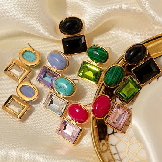 Uworld Stainless Steel Cubic Zirconia Natural Stone Turquoise Malachite Drop Dangle Earrings High Quality Delicate Bling Jewelry