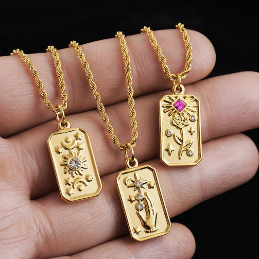 Vintage Tarot Pendant Necklace for Women Golden Color Sun Moon Hand Flower Square Stainless Steel Twist Rope Chain Necklaces