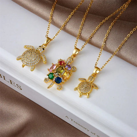 Colorful Zircon Cute Tortoise Pendant Necklaces for Women Girls Stainless Steel Trendy Romantic Jewelry Accessories Gifts