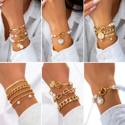 4pcs Set Luxury Gold Color Stainless Steel Crystal Chain Beaded Bracelet for Women Geometric Zircon Bangle Jewelry Accessories