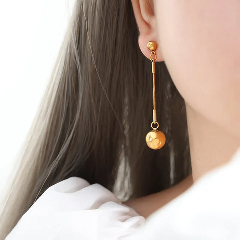 316L Stainless Steel Ball Beads Long Pendant Earrings For Women Girl Fashion Gold Color Ear Drop Waterproof Jewelry Gift