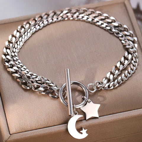 Stainless Steel Bracelets Elegant Star Moon Pendant Double Cuban chain Classic fashion