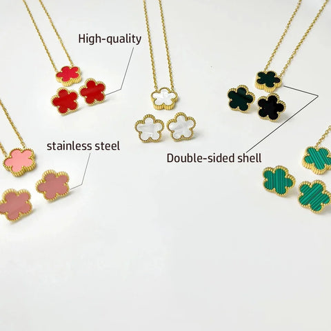 ALTERA 2Pcs Luxury 5 Leaf Flower Pendant Necklace Earrings for Women Gift Fashion Stainless Steel Double Side Clover Jewelry Set